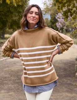 Monterey Rolled Funnel Neck Sweater - Camel Stripe