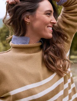 Monterey Rolled Funnel Neck Sweater - Camel Stripe